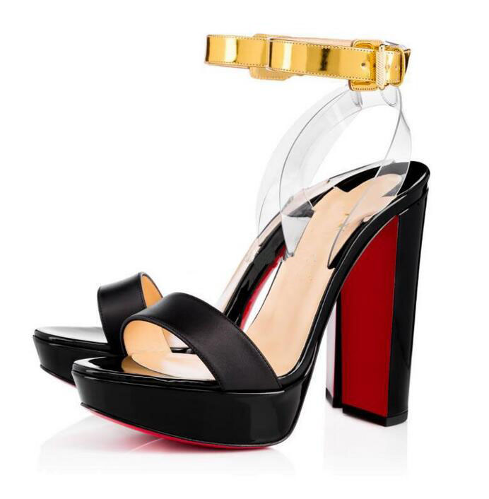 

Perfect Quality Ladies Summer Womens Sandals Elegant Red Bottoms Shoes Lady PVC Strappy chunky Heels Dress,Party,Wedding Platform Pumps EU35-43, Black