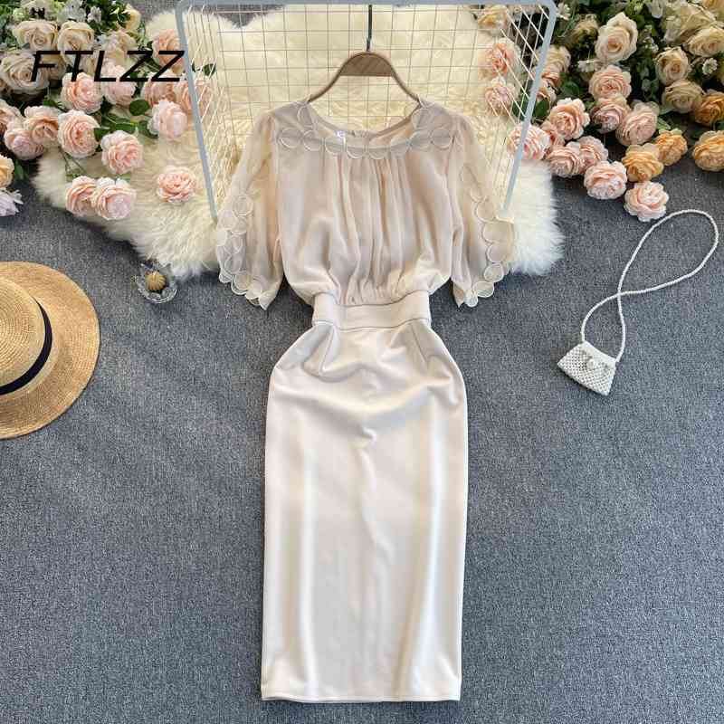 

Elegant Women Dress Summer Vintage Three-dimensional Flower Office Bodycon es Woman Midi Vestidos Mujer 210602, Apricot