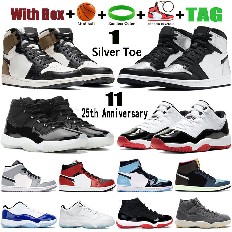 

With Box Basketball Shoes 1 1s silver toe Dark Mocha mid light smoke grey 11 11s 25th Anniversary white bred men women Sneakers, 17-mixed texures blue