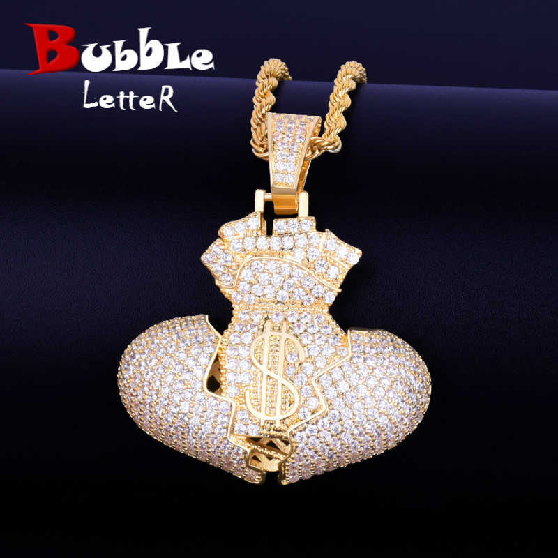 

Dollor Money Bag Necklace & Pendant AAA Cubic Zircon Men's Hip Hop Rock Jewelry X0707