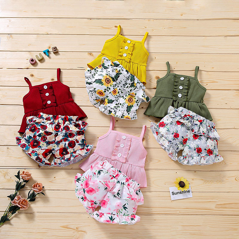 

kids Clothing Sets girls Flower Print outfits children sling Tops+ruffle Floral Shorts 2pcs/set summer fashion Boutique baby Clothes Z3314, Pink