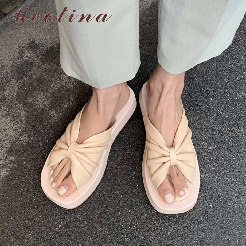 

Meotina Women Slippers Genuine Leather Sandals Flat Platform Med Heel Slides Square Toe Ladies Footwear Summer Yellow Size 40 210608, Black