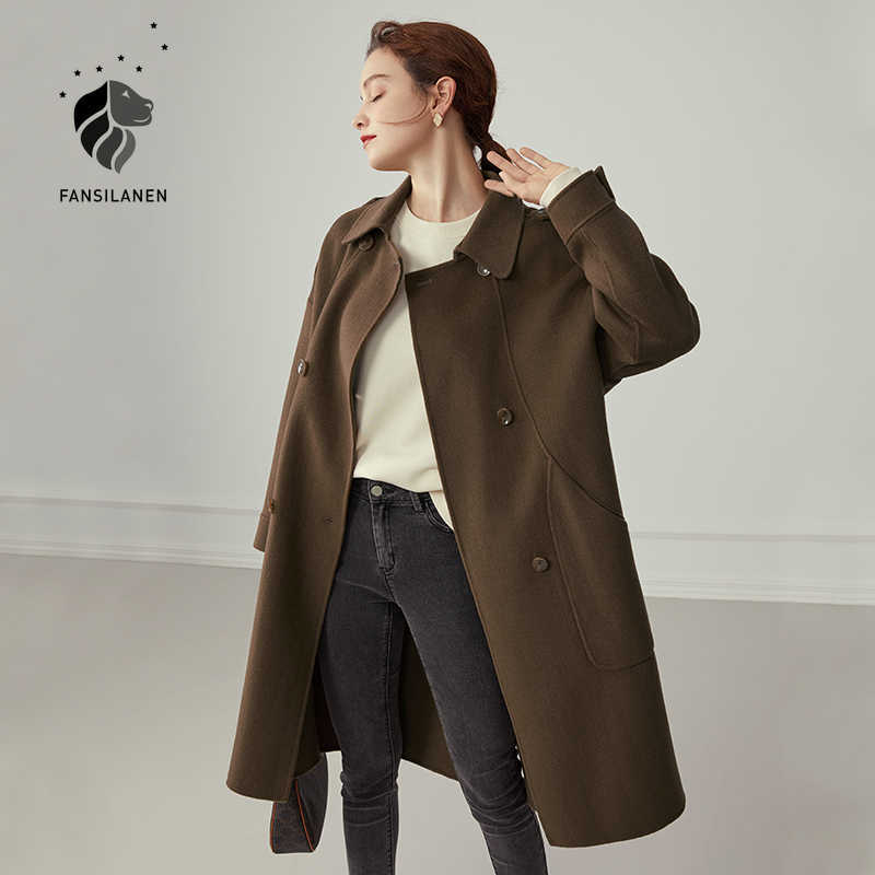 

FANSILANEN Long 100% wool blend coat Women elegant oversized white winter Female pocket casaul streetwear jacket over 210607, Brown
