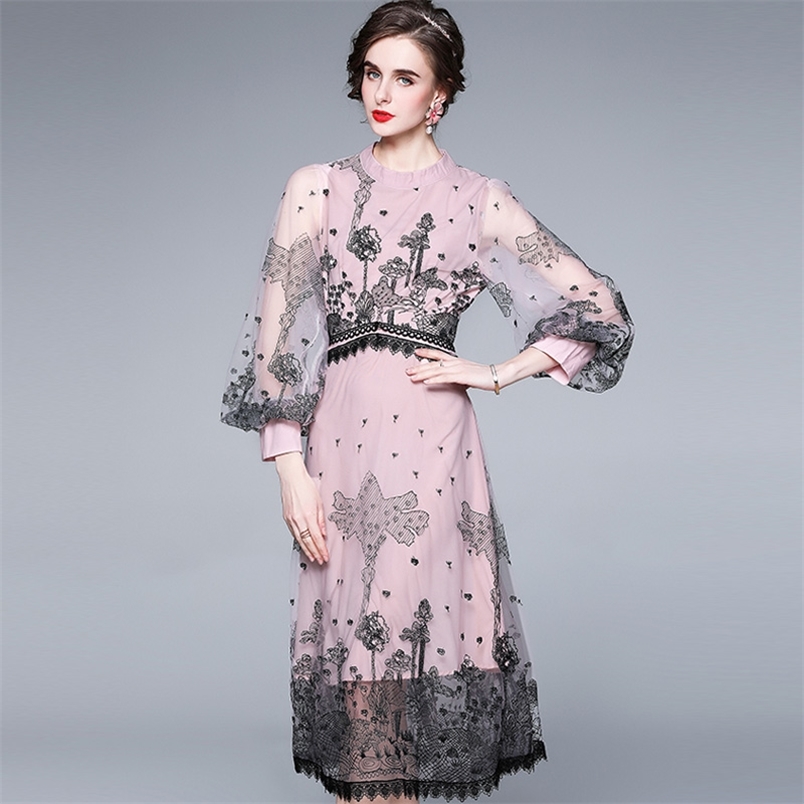 

Summer Runway Flower Embroidery Dress Women's Lantern Sleeve Mesh es Office Party Midi 210519, Photo color