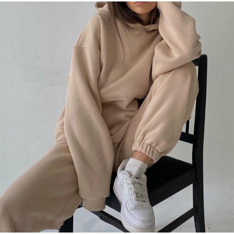 

Women's Two Piece Pants Hoodies Women Loose Tracksuits Solid Black Red Long Sleeve Fleece Sweatshirts And High Waist Set Outfits, White