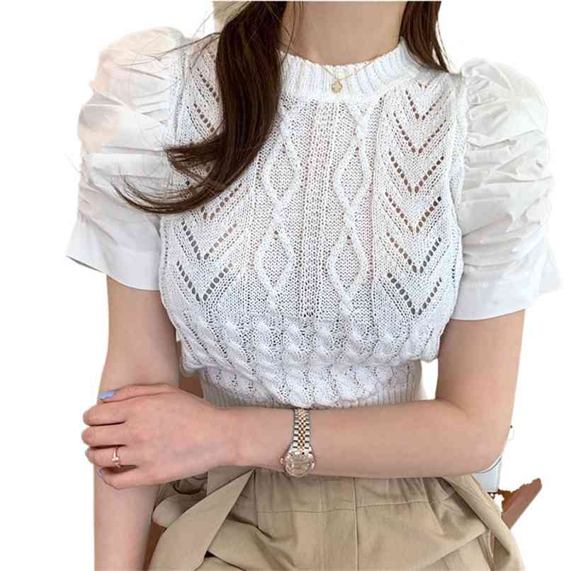 

Fashion women's knit sweater summer thin stitching puff sleeve short women sexy tops harajuku shirt 210520, White