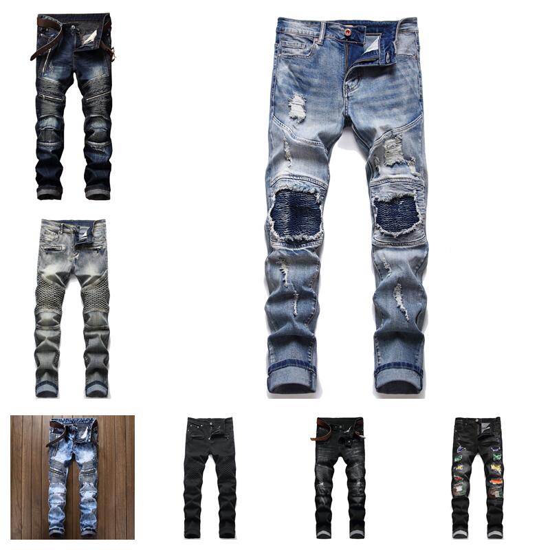 

Men Badge Rips Stretch Black Jeans Men's Fashion Slim Fit Washed Motocycle Denim Pants Panelled Hip HOP Trousers