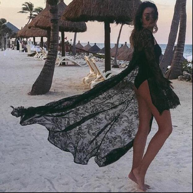 

women dress swimsuit bikini cover up summer beach lace floral kimono long blouse elegant solid suit, Black;gray