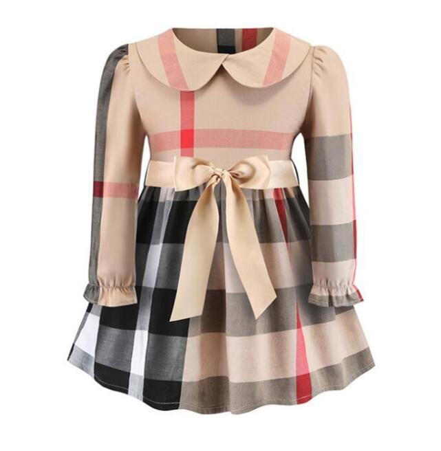 

Baby Girls Princess Dress Spring Fall Kids Plaid Long Sleeve Dresses Turn-Down Collar Girl Skirts Children Clothes, Khaki