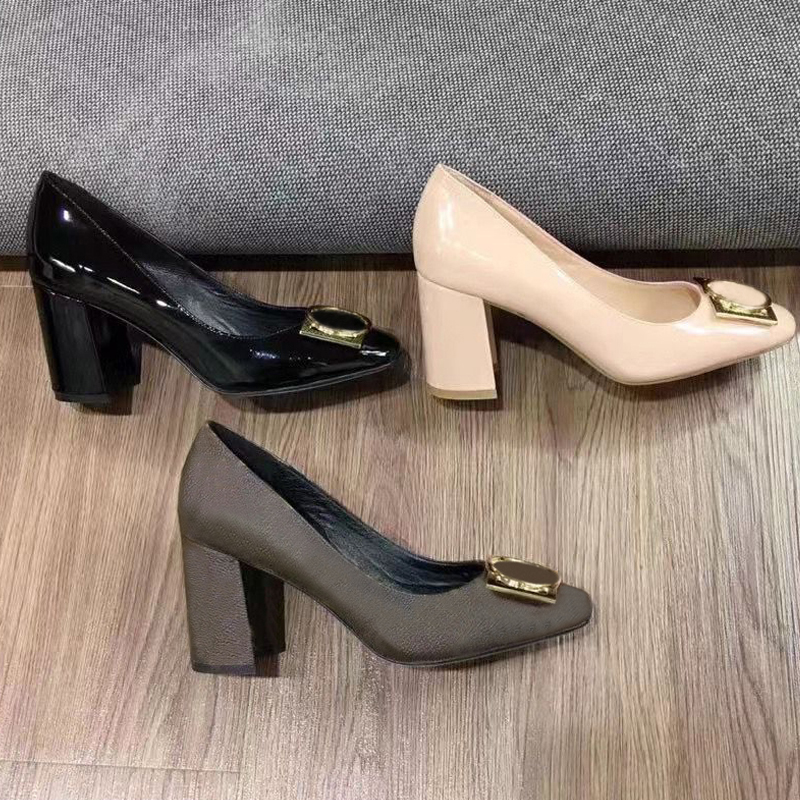 

Classic Designer Dress shoes leather Thick heel high heels 100% cowhide Round head Square metal buckle women High heeled boat shoe Large size 34-41-42 us4-us11 With box, Extra box