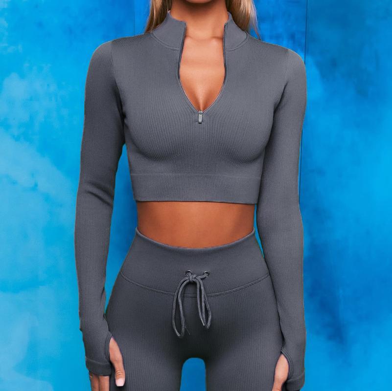 

Yoga Outfit Zipper Cardigan Sports Top Women's Seamless Knitted Tight Long Sleeve Wear Running Training Workout
