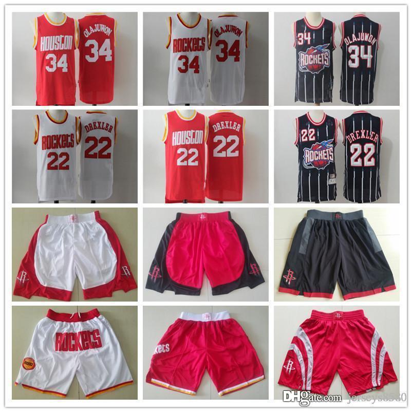 

Mens Houstonjersey RocketsHakeem 34 Olajuwon Clyde 22 Drexler Basketball Shorts Basketball Jerseys red white navy, Black;red