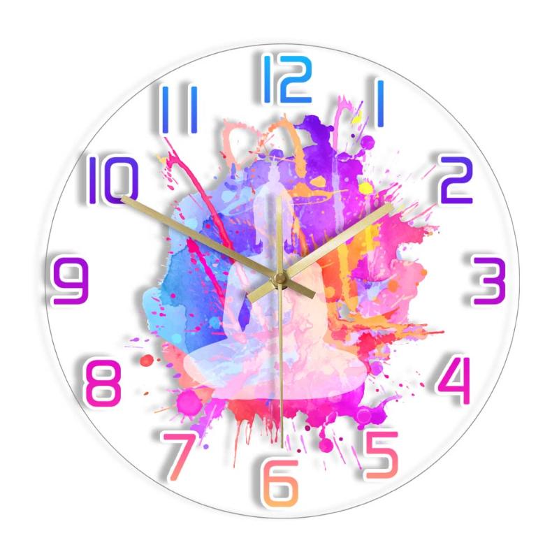 

Wall Clocks Yoga Lotus Position Watercolor Printed Clock Chakras Padmasana Posture Acrylic Silent Buddha Meditating Décor