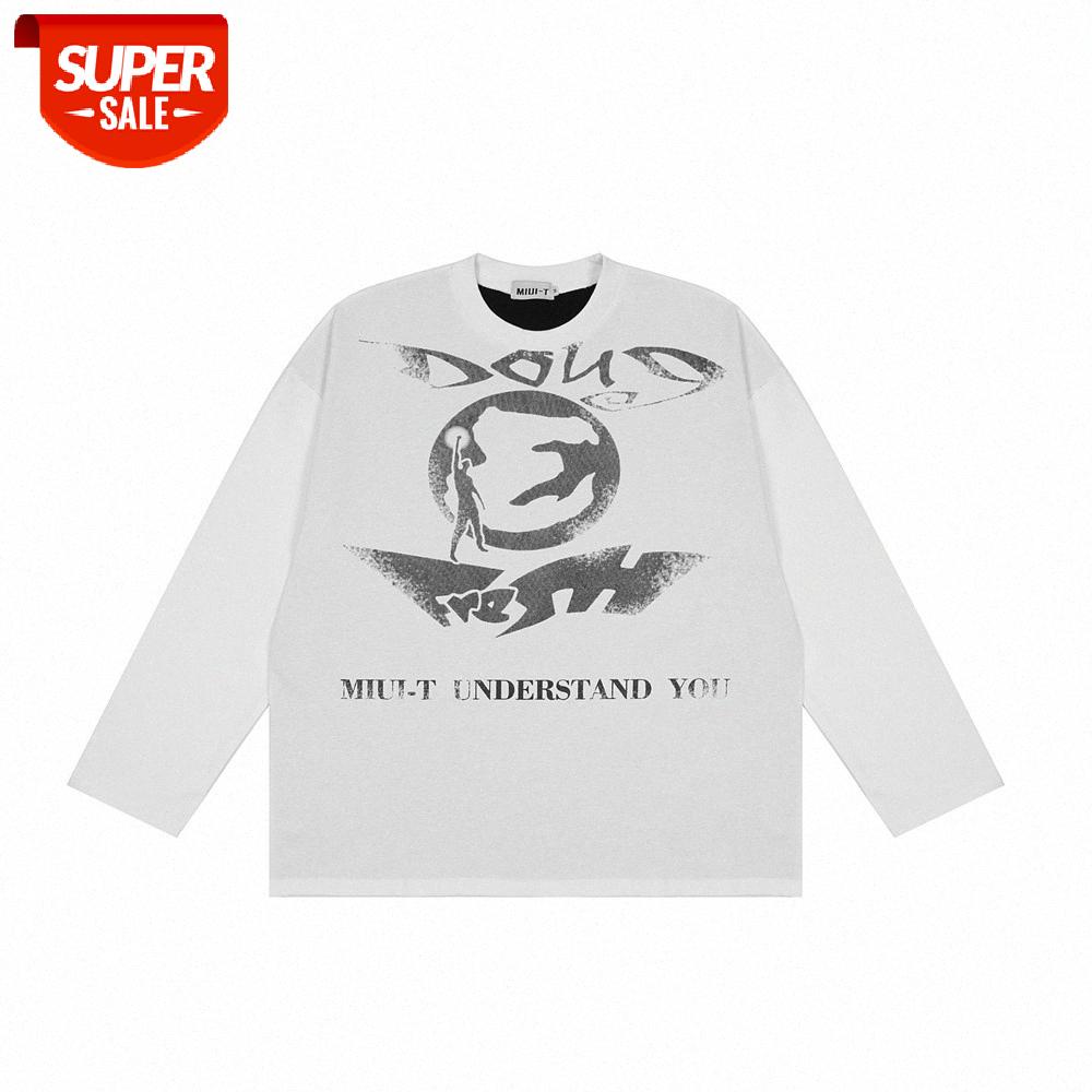 

Dark wind abstract printing long-sleeved T-shirt men's bf lazy street loose round neck top bottoming shirt #AT1h, White;black