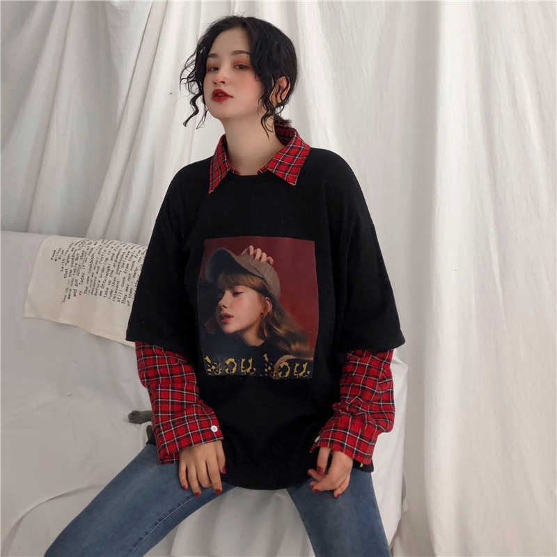 

Vintage Autumn fake two fashion Harajuku loose hip hop Plaid Turn-down Collar T-shirt ulzzang casual fun print 210608, Red