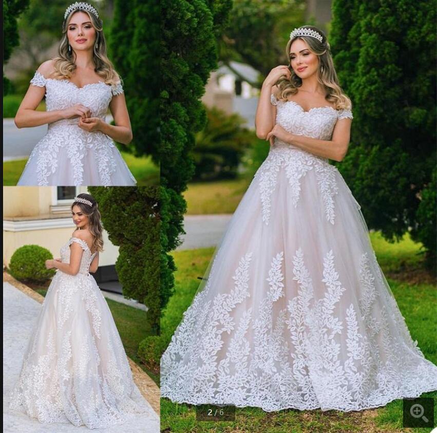 

2021 new arrival Off the Shoulder Chic A Line Wedding Dress Elegant Lace Applique Princess Custom Made Sweep Train Bridal Gowns corset with sashes bride dresses, White