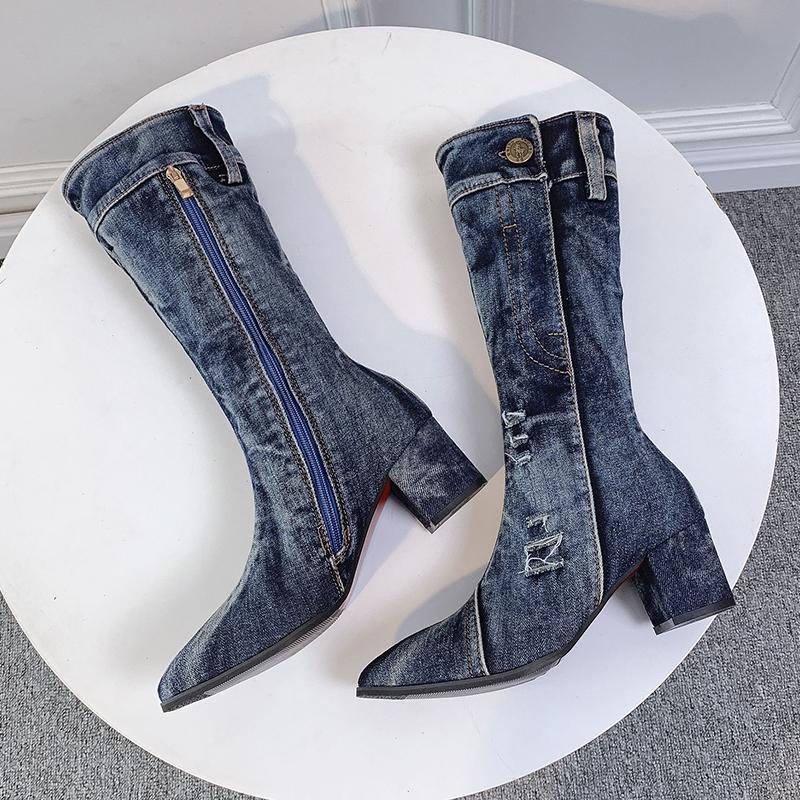 

Boots Sexy Jean Women's Mid Calf Boot Zipper High Heel Woman Stylish Jeans Ladies Denim Female Shoes Cowboy 2021, Black