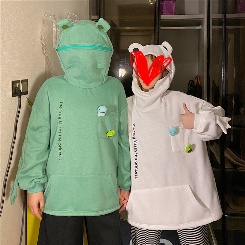 

Letter Embroidery Frog Hoodie Sweatshirt Woman Oversize Fleece Doll Decoration Pullover Hooded Casual For Girl Winter 210518, Black