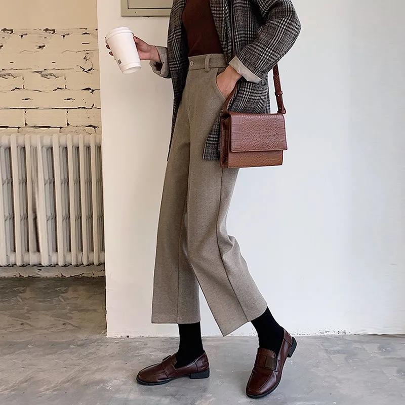 

Women's Pants & Capris Korean Fashion Loose Straight Fall Solid Women Calf Length Casual Pant Basic Buttons Suit Wide Leg Baggy Bottoms, Beige