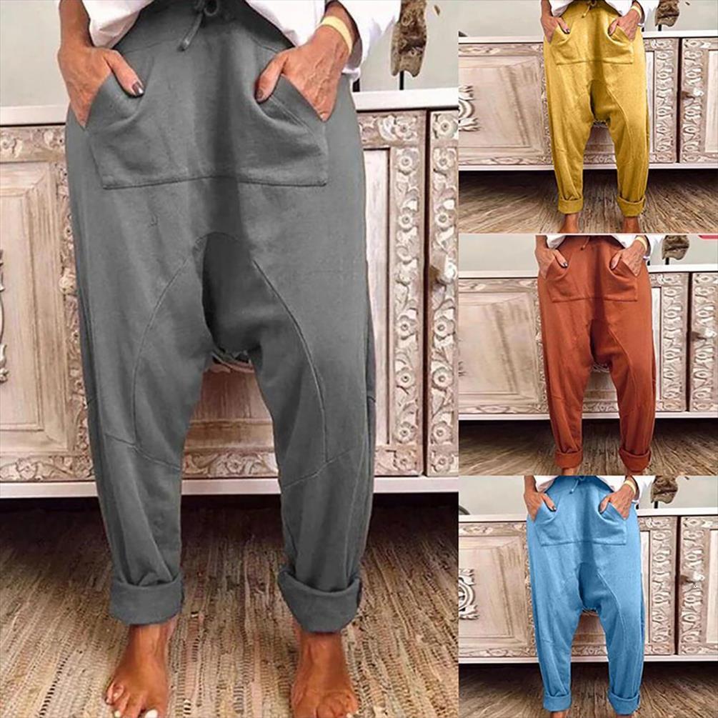 

sales harem solid color drop womens pants crotch drawstring pockets baggy trousers for spring, Black;white