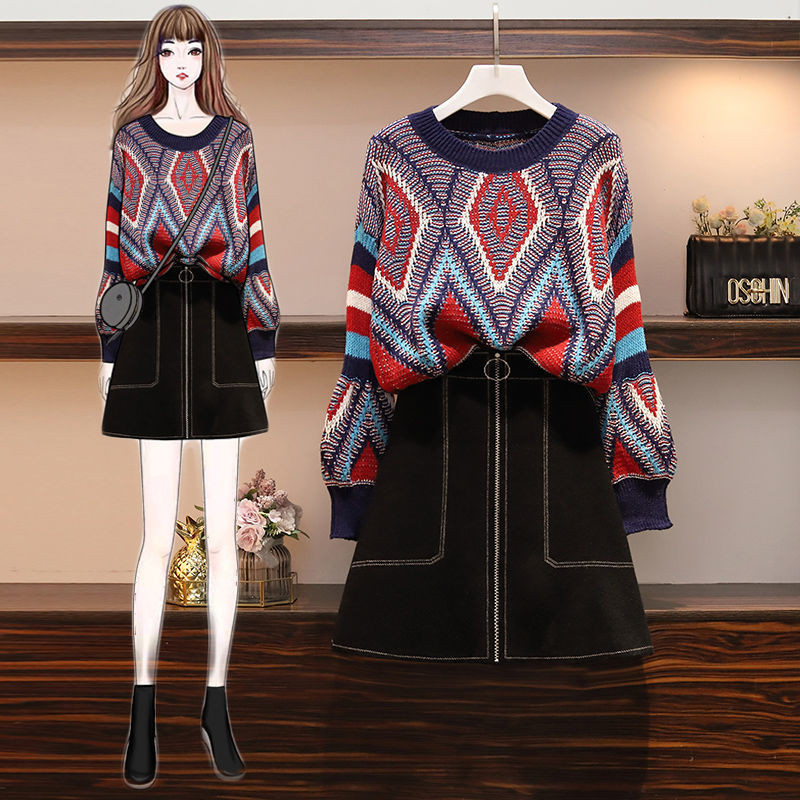 Two Piece Dress Spring/Autumn Women&#039;s Clothing 2 Sets Women Outfits Plus Size Geometric Colorblock Short Sweater Black Zipper Skir-image-699679942