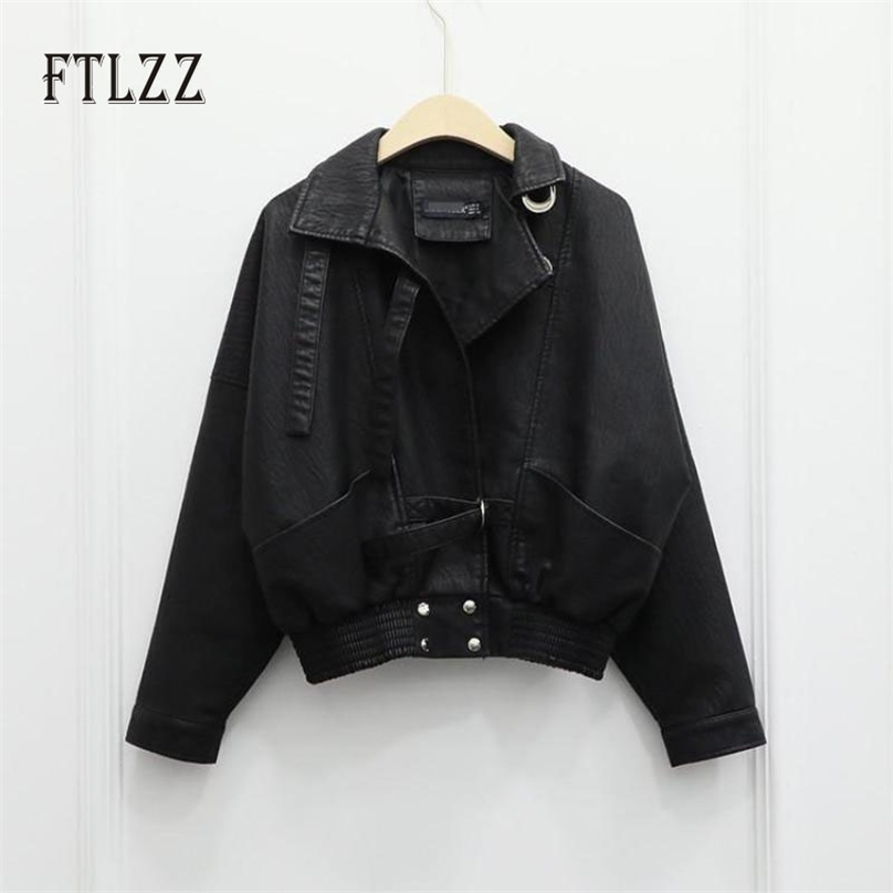 

Ladies Casual Leather Jacket Spring Autumn Loose Batwing Sleeved Zipper Basic Faux Coats Women Biker Outerwear 210525
