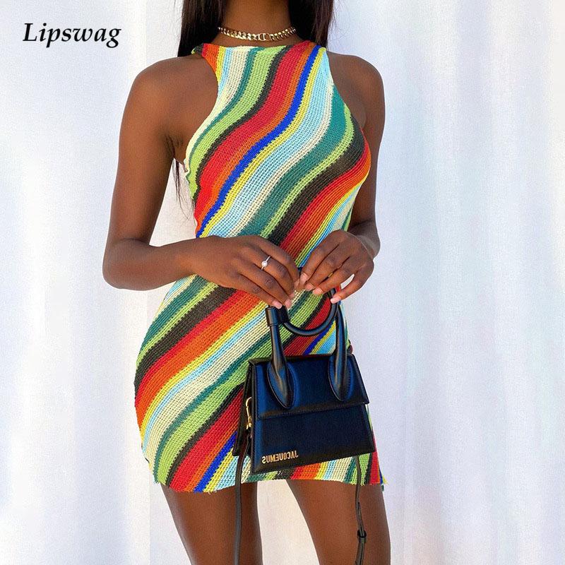 

summer office lady o neck slim bodycon dress women sleeveless mini dress fashion elegant rainbow striped print party dresshigh quality, Black;gray