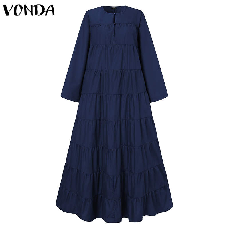 

2021loose dress 2021 vonda elegant women sundress bohemian holiday sundress pleated long maxi party dress vestido plus size, Black;gray
