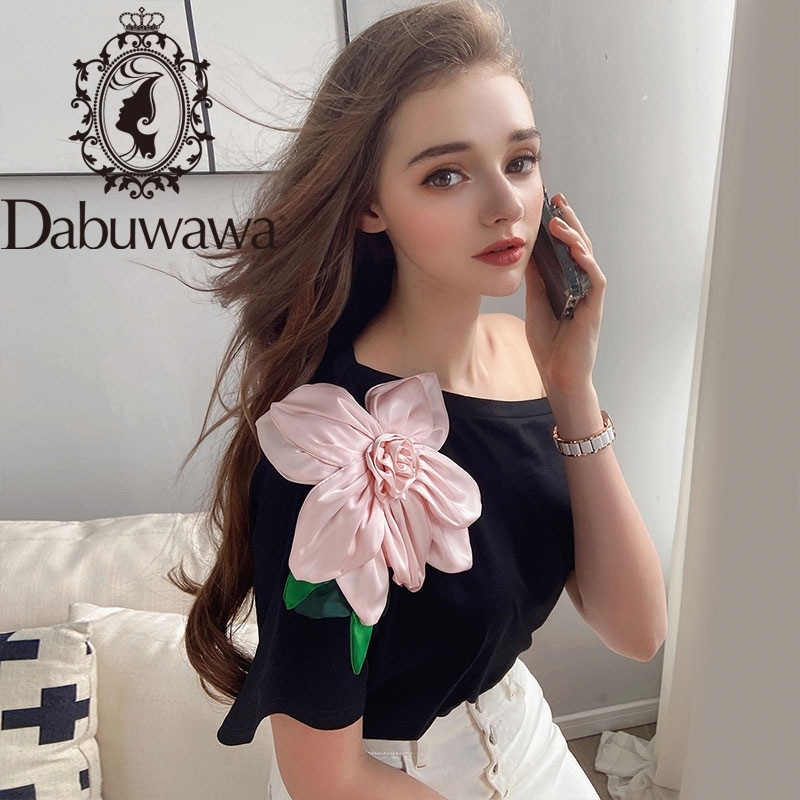 

Dabuwawa Exclusive Appliques Floral T Shirts Women Summer Sexy Skew Collar Flower Solid Cotton Tees Female DO1BTS010 210520, Black