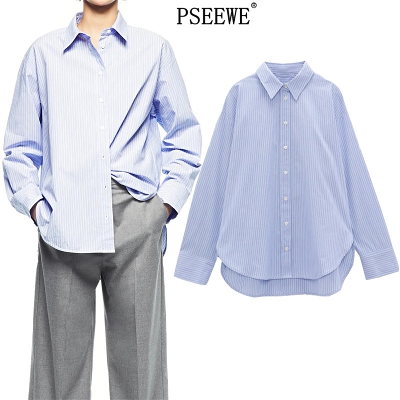 

Spring Blue Striped Oversize Long Shirt Women Button Up Sleeve Woman Chic Asymmetric Hem Casual Blouse 210519