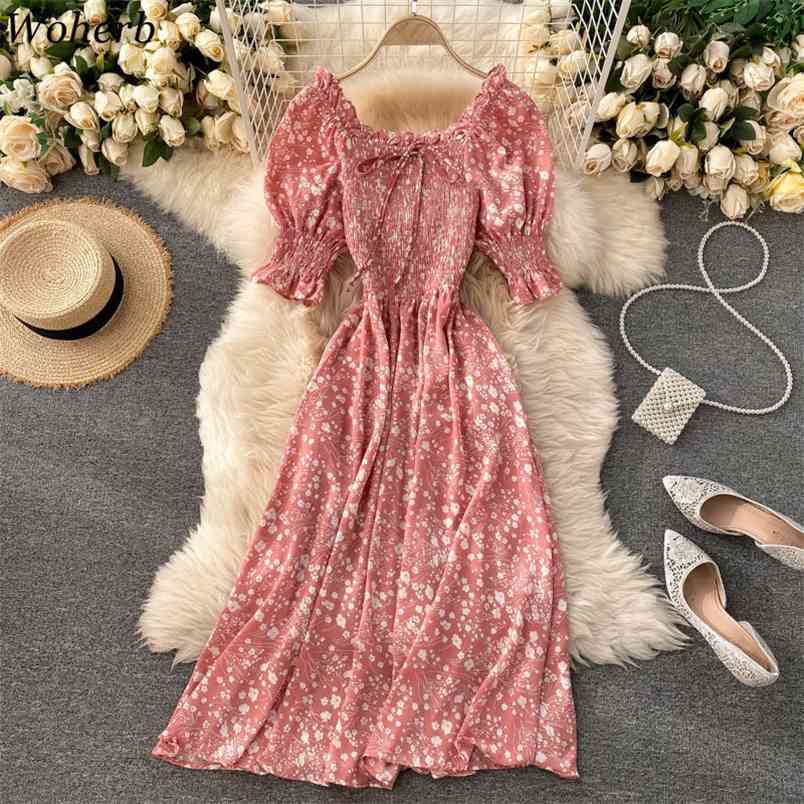 

Summer Sweet Floral Dresses Women Lace-up Pleated High Waist Holiday Dress Elegant Puff Sleeve Chiffon Vintgae Vestidos 210519, Black