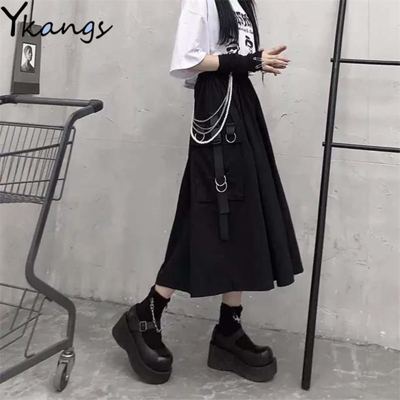 

High Waist Loose A-line Cargo Skiets chain Side Ring Pocket Midi Long Black Skirt Korean Hip Hop Streetwear Harajuku OverSize 210721, Dark grey
