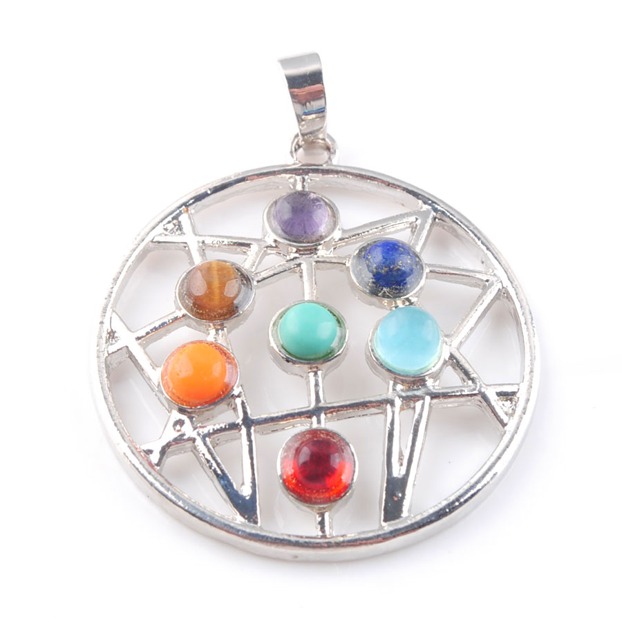 WOJIAER 7 Chakras Pierres Naturelles Pendentifs Astrolabe Santé Amulette Collier De Guérison 18 "Longueur Bijoux Charmes Pendentif N3263