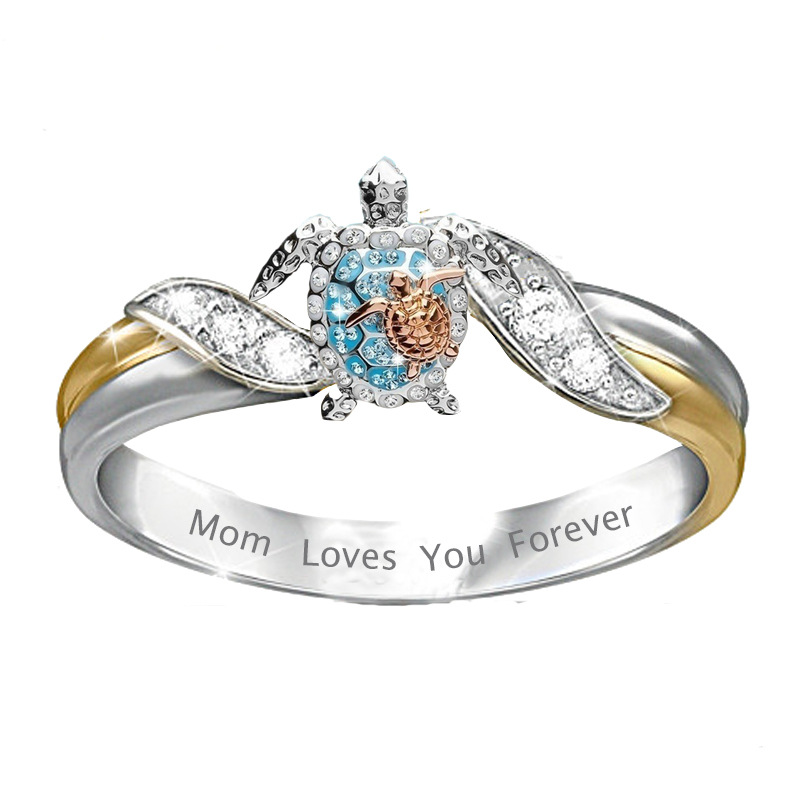 

Vintage 3D Little Turtle Cute Animal Ring for Girls Mom Loves You Forever Summer Beach Jewelry Mother's Day Gift, Silver