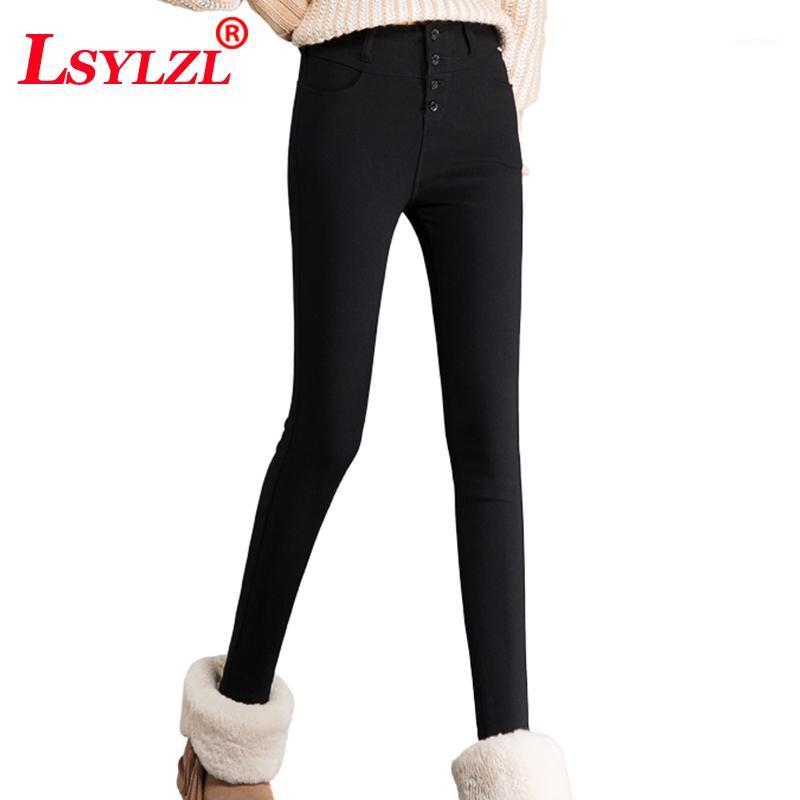 

Women's Pants & Capris Trousers Winter Plus Velvet Thick High Waist Row Button Women Wear Outside 2021 Keep Warm Slim Fit Black Long Q131, Black;white