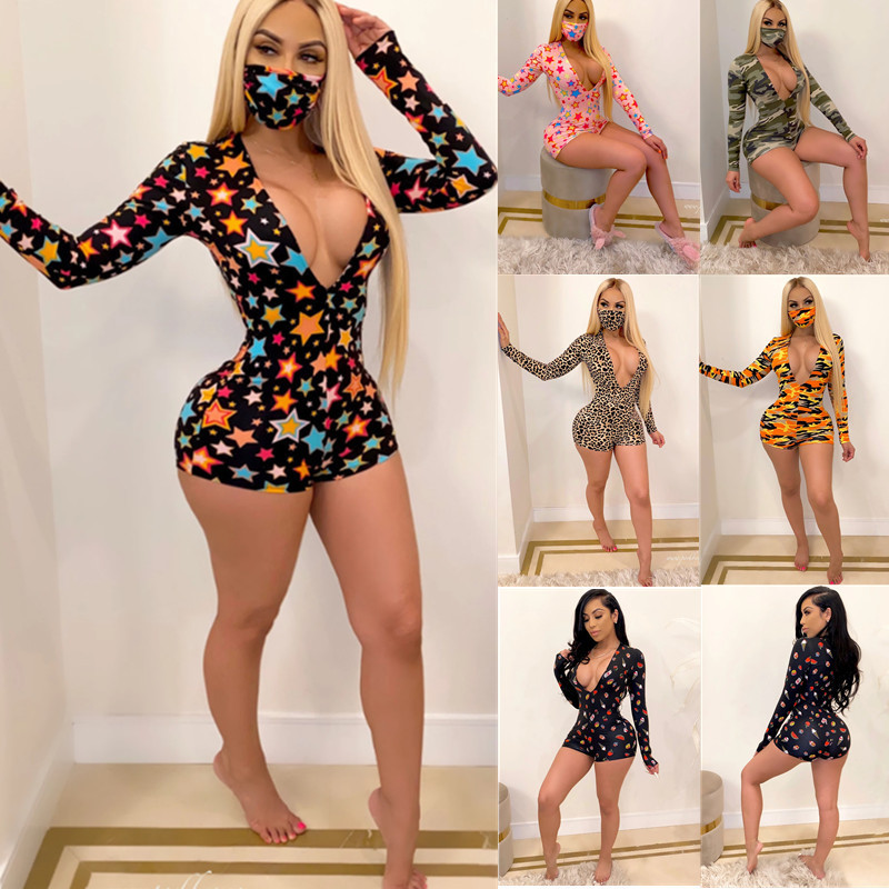 

Womens summer fashion clothes Print Playsuit V neck long sleeve shorts Skinny Jumpsuits Pajama Onesies Rompers nightclub Plus Size clothing 10 Pieces+ free DHL, Desiccant