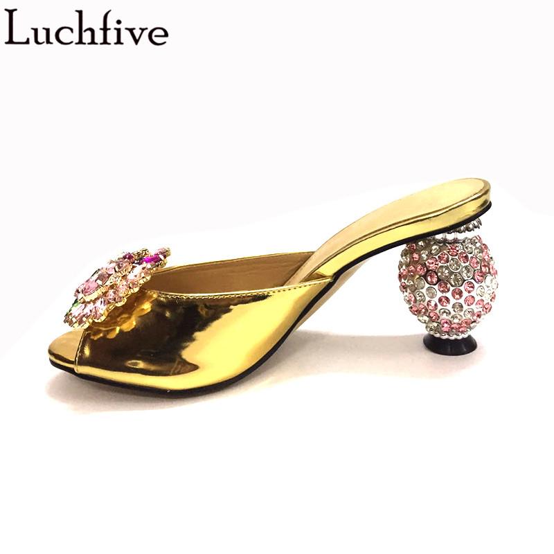 

Slippers Crystal Ball Heels Summer Diamond Peep Toe Gold Shoes Woman Slip On Sexy Ladies Sapato Feminino, Black