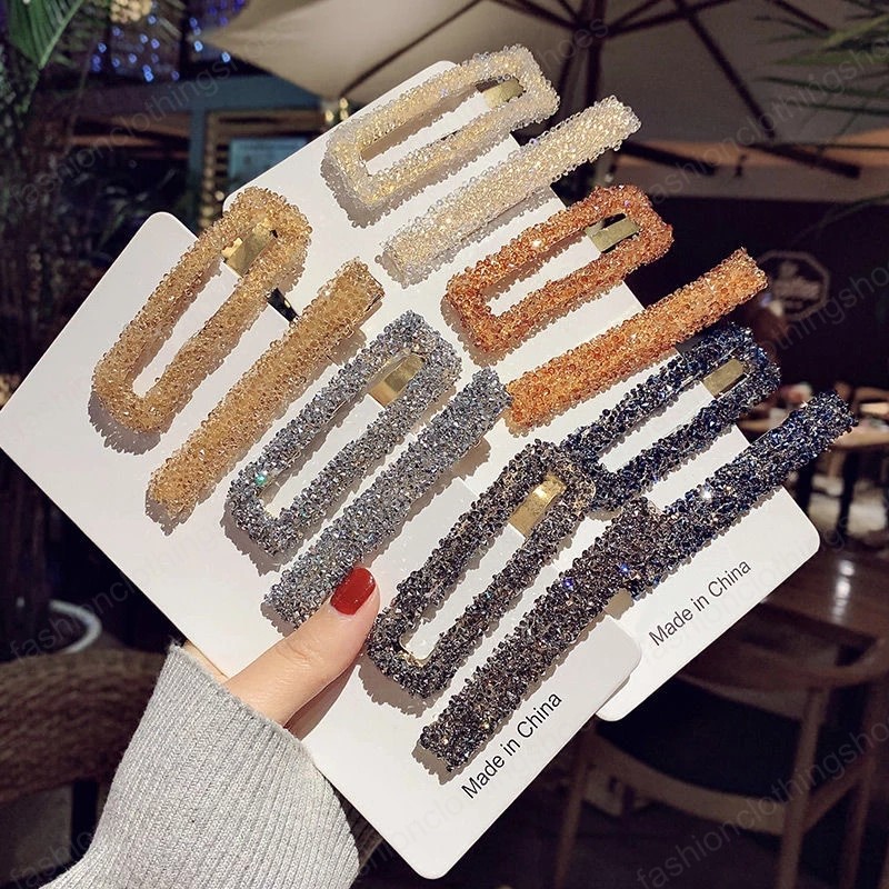 

2Pcs/Set Rectangular Korea Hair Clips Fashion Woman Rhinestone Shiny Luxury Hairpins BB Clip Styling Tools Barrettes, Mixed color