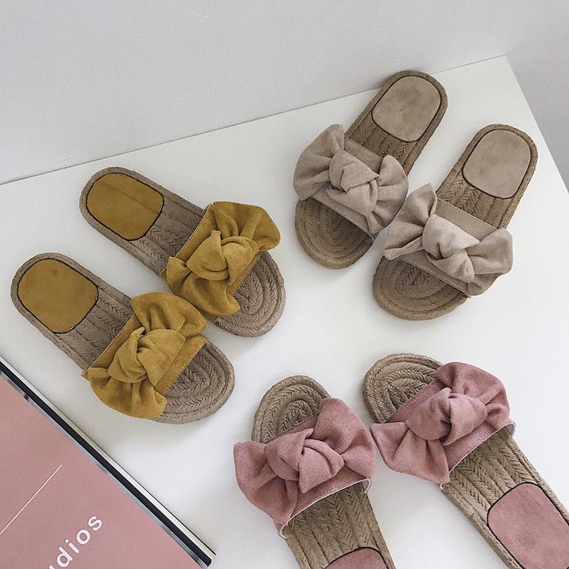 

Arrivals Beach Bow-knot Slippers Girls Soft Heels Fisherman Sandals Woman Flock Bow Flat Flip Flops Cozy Shoes Femme, Pink