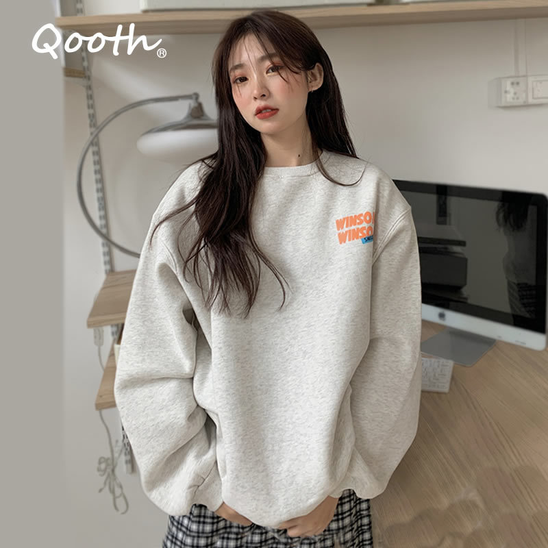 

Qooth Oversized Hoodies Gothic Harajuku Streetwear Chic Letter Print Sweatshirt Navy Grey Hoodies Women Loose Pullover QT462 210518