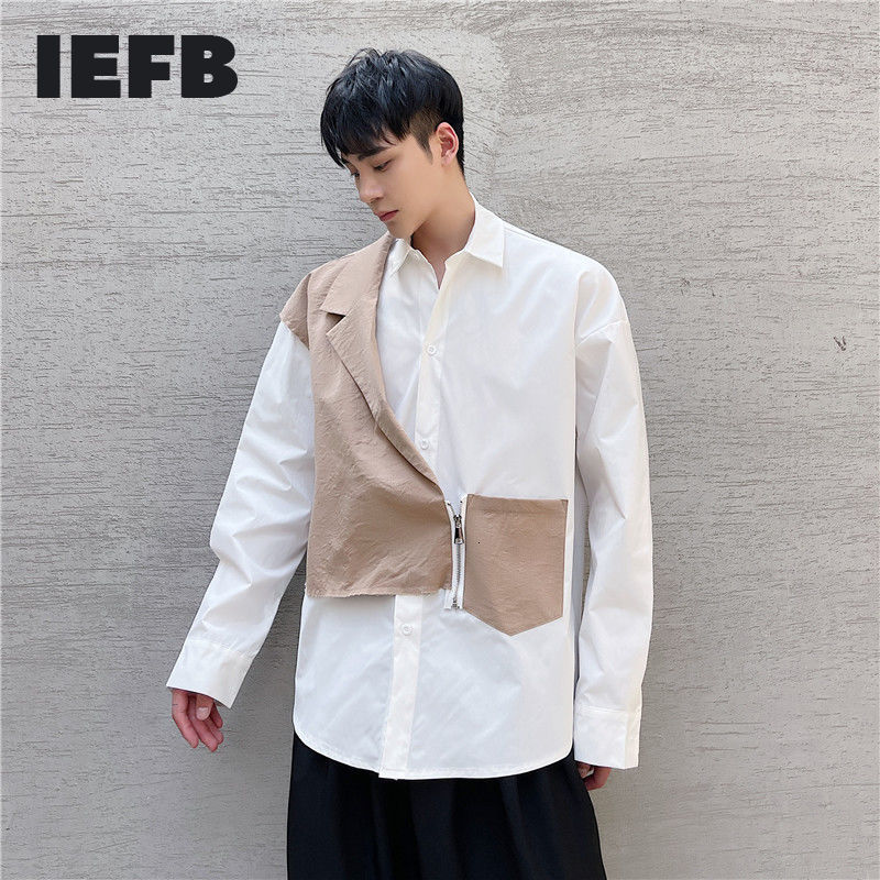 

IEFB Long Sleeve Shirts For Men Niche Contrast Color Patchwork Design Fake Two Pieces Loose Big Size Zipper Tops 9Y6997 210524, Black