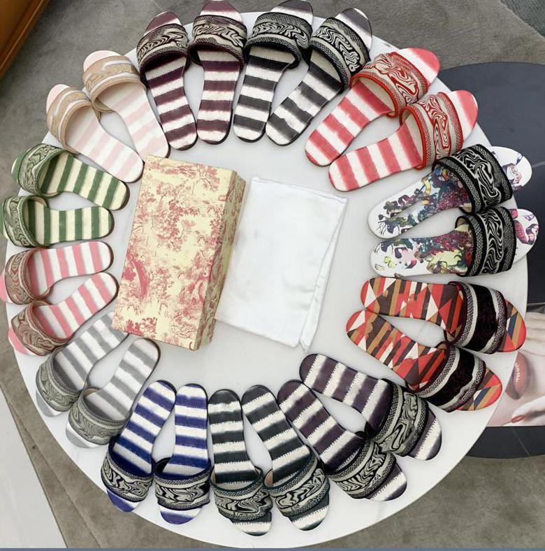 

2021 Designer Platform Women Dway Slide Slipper Ramour Sandals Fashion Embroidered Cotton Flat Sexy Floral Navy Dazzle Girls Slippers Size36-42, Black