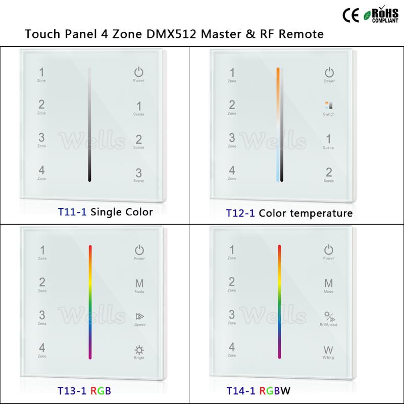 

T11-1/T12-1/T13-1/T14-1 Touch Panel 4 Zone DMX512 Master & RF Remote For Single Color/color Temperature/RGB/RGBW Led Strip Dimmers