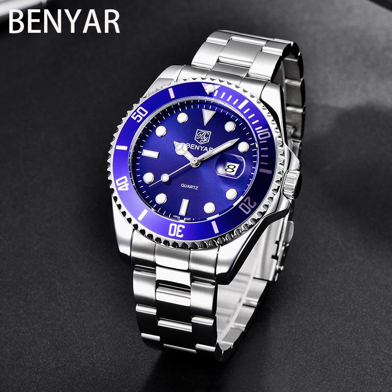 

Wristwatches BENYAR Top Brand Military Quartz Watches Silver Blue Mens Stainless Steel Chronograph Wristwatch For Male Casual Sporty Clocks, All green