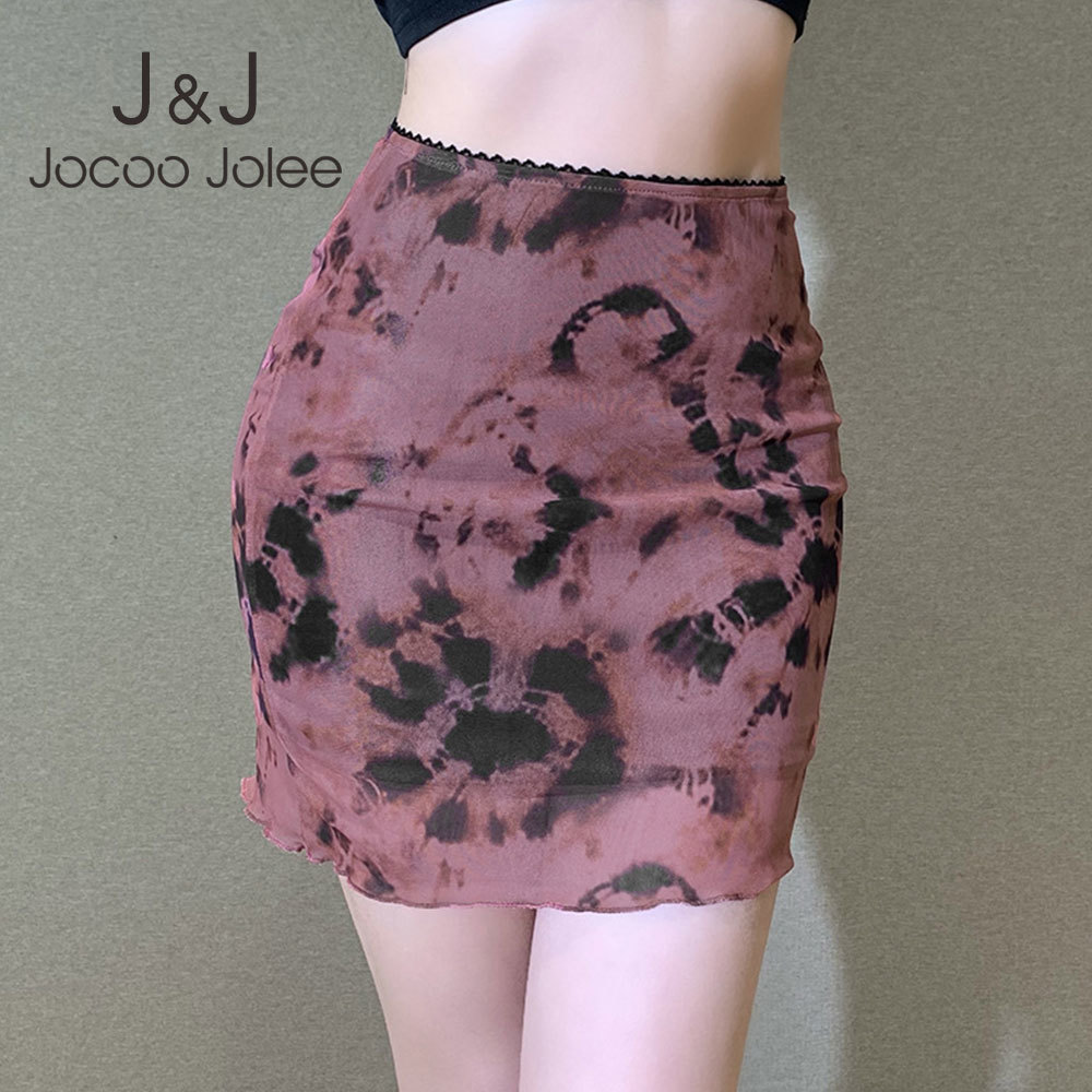 

Jocoo Jolee Women Y2K Ruffle Summer Tie Dye Gauze Mesh Printing High Waist Mini Skirt Sexy Straight Elegant Party Club 210518, Claret