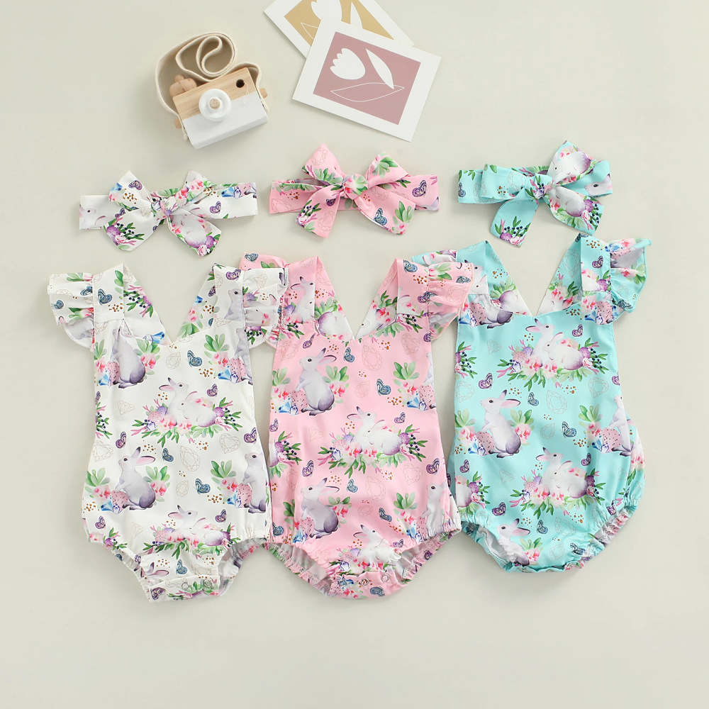 

Easter Newborn Baby Romper Headband 2 Pieces Summer Jumpsuit Rabbit Print Infant Girl Princess Onesies Bodysuit Clothes, Pink