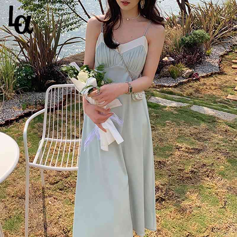 

Vingate Elegant Strap Dress Women Sleeveless V-neck Satin Camisole Midi Beach Korean Summer 210519, Apricot pink