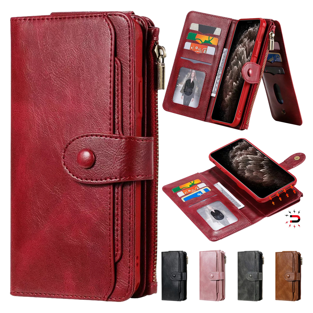 

2in1 Wallet Phone Cases for iPhone 12 Mini 11 Pro X XR XS Max 7 8 Samsung Galaxy Note20 S21 S20 Ultra Note10 S10 Plus Retro Multifunction PU Leather Flip Stand Cover, Rose gold