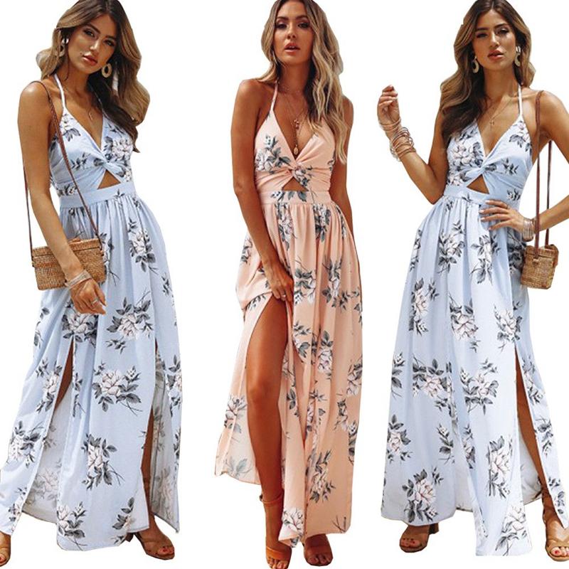 

Casual Dresses Elegant Lady Evening Party Backless Halter Dress Blue Summer Beach Long Floral Slit Boho Sexy Strap Maxi Bohemian, Pink