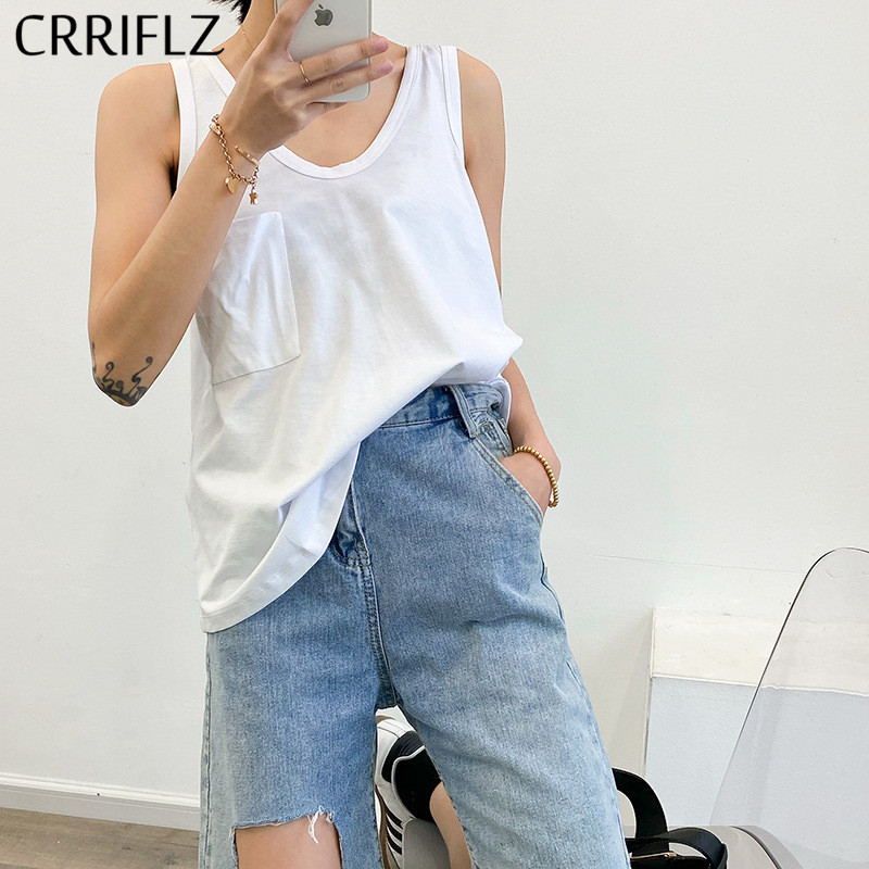 

Summer Casual Cotton Tank Tops Women Solid Pocket Inside CRRIFLZ 210520, White